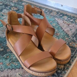 Kensie Tan Crisscross Cork Wedge Sandals